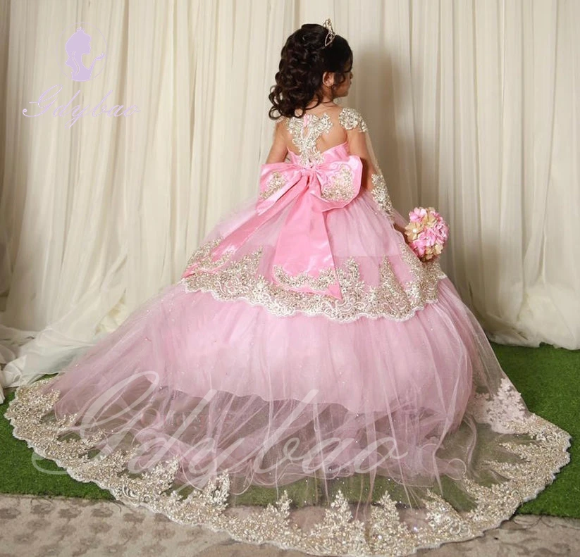 Pink Lace Flower Girl Dress For Wedding Tulle Applqique Puffy Princess Pageant Kids Baby Birthday First Communion Ball Gown