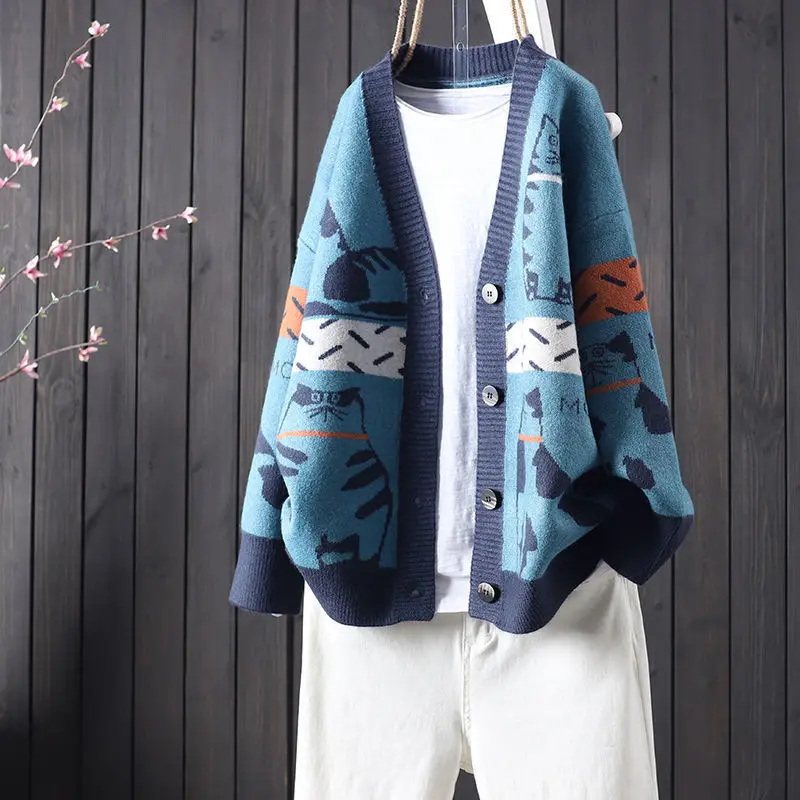 

Свободный большой жаккардовый милый вязаный кардиган с изображением кота, женский литературный и повседневный свитер на пуговицах