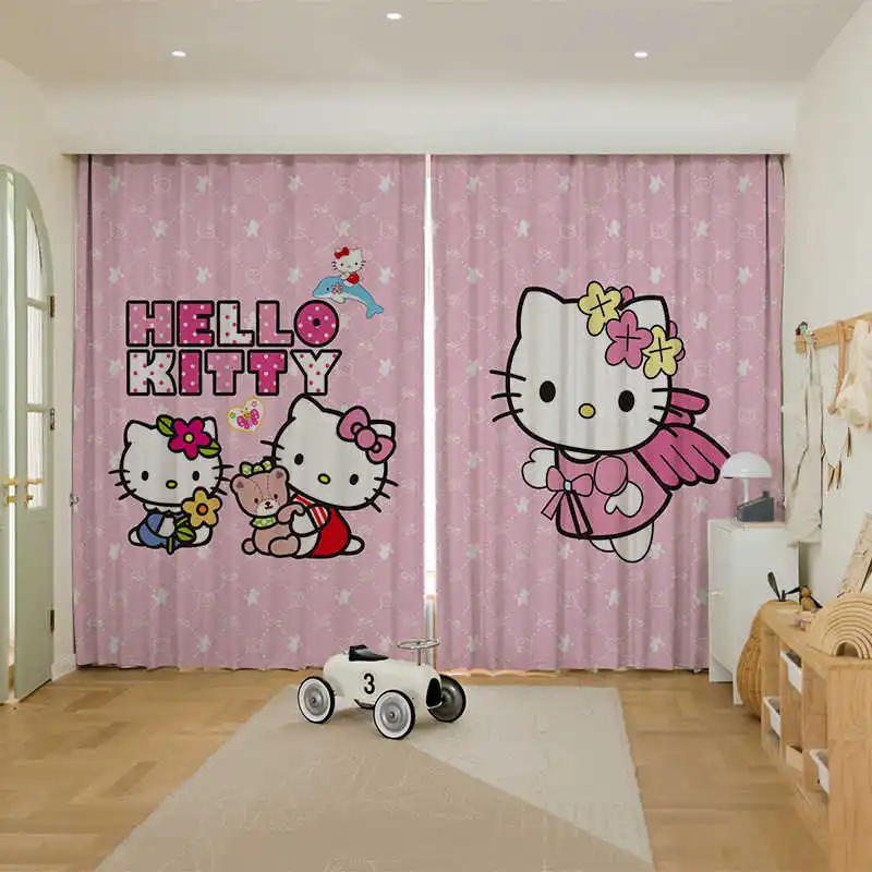 

Hello Kitty Curtain Pink Children's Room Floor-to-ceiling Window Cartoon Curtains Blackout Sunscreen Free Punching Bedroom Decor