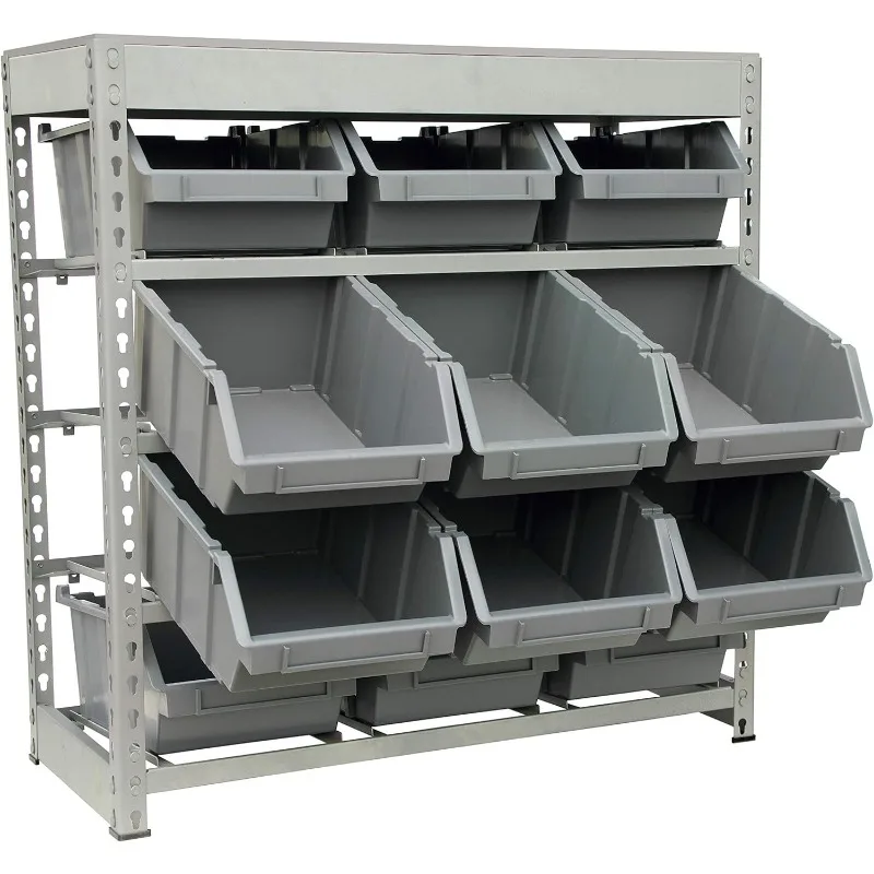 Rack Bin Rack Boltless Steel Storage System Organizer w/ 12 Plastic Bins in 4 tiers