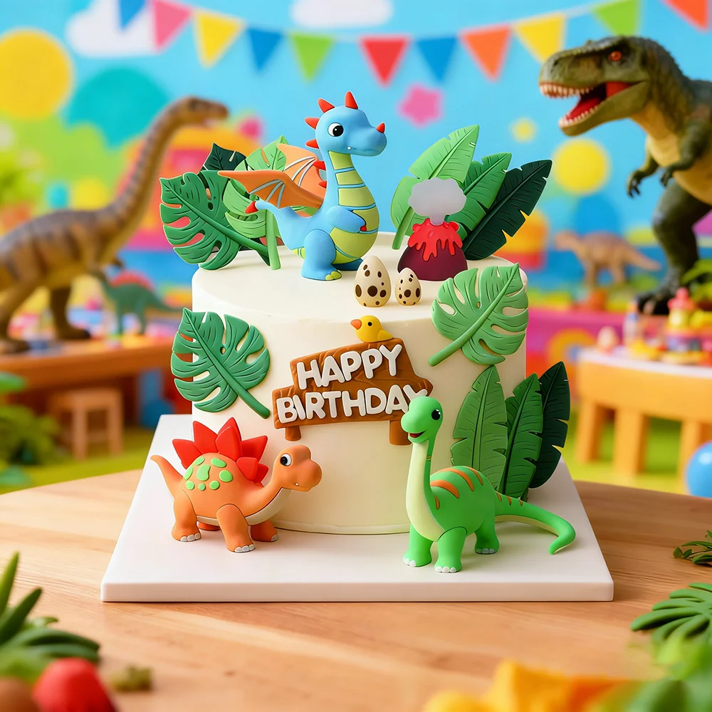 Adornos para Pastel de Dinosaurios, Figuras de Dragón de Fuego Jurásico, Estegosaurio y Braquiosaurio para Niños, Decoraciones de Fiesta de Cumpleaños de Dibujos Animados