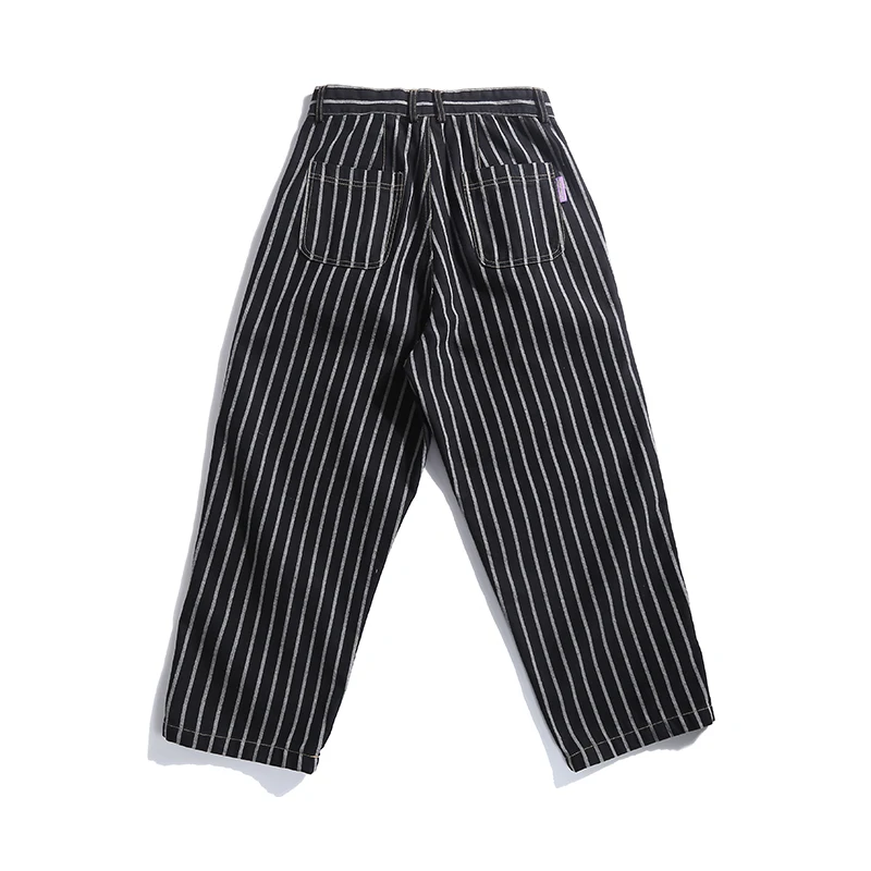 Men Japan Streetwear Chic Fashion Loose Casual Denim Stripe Ankle-length Wide Leg Harem Pant Male 100% Cotton Jeans Trousers