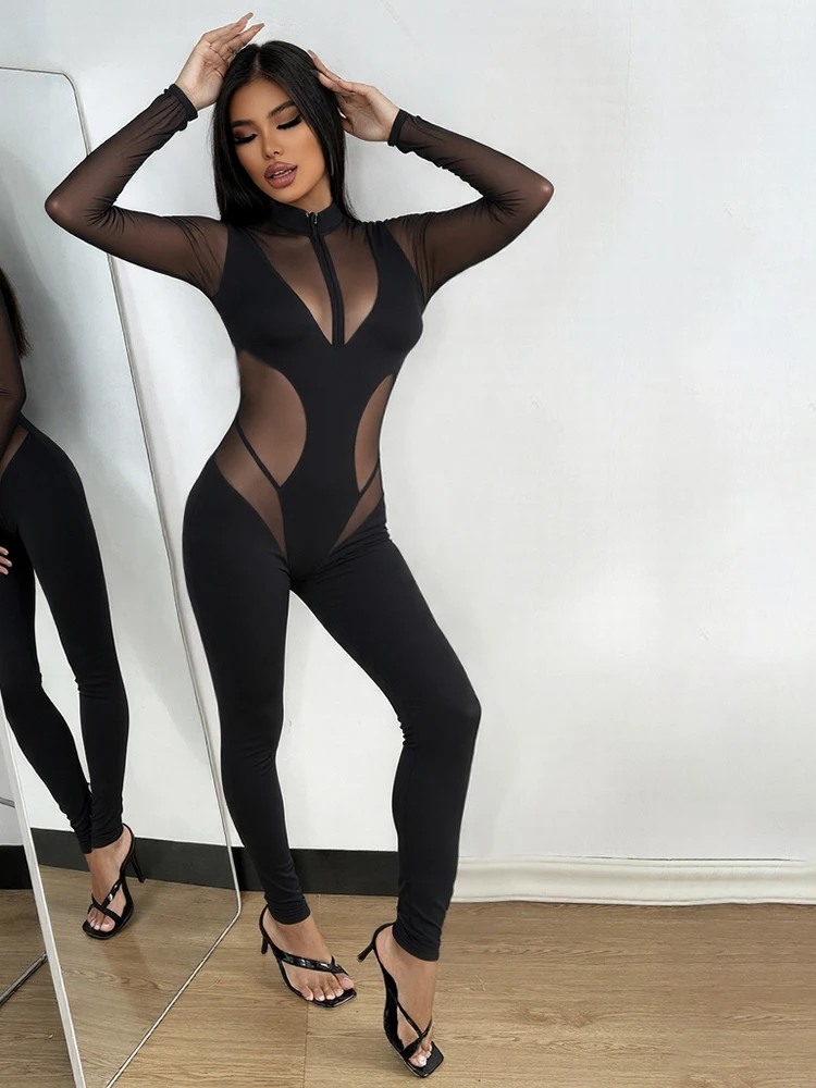 

Sisterlinda Women Zipper Patchwork Jumpsuits High Neck Long Sleeve See Through Stretch Skinny Midnight Coquett Party Clubwear
