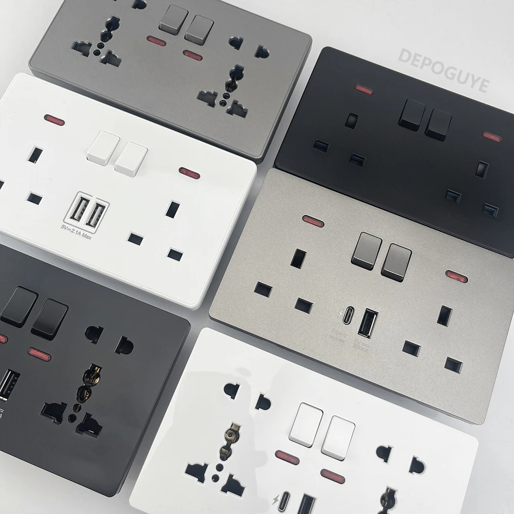 Picture 3: 18W Type-C Plug Quick Charging Universal 5-pin Dual Power Socket,UK Standard 13A Wall Socket with DC 5V 3.1A Type-c USB Charger