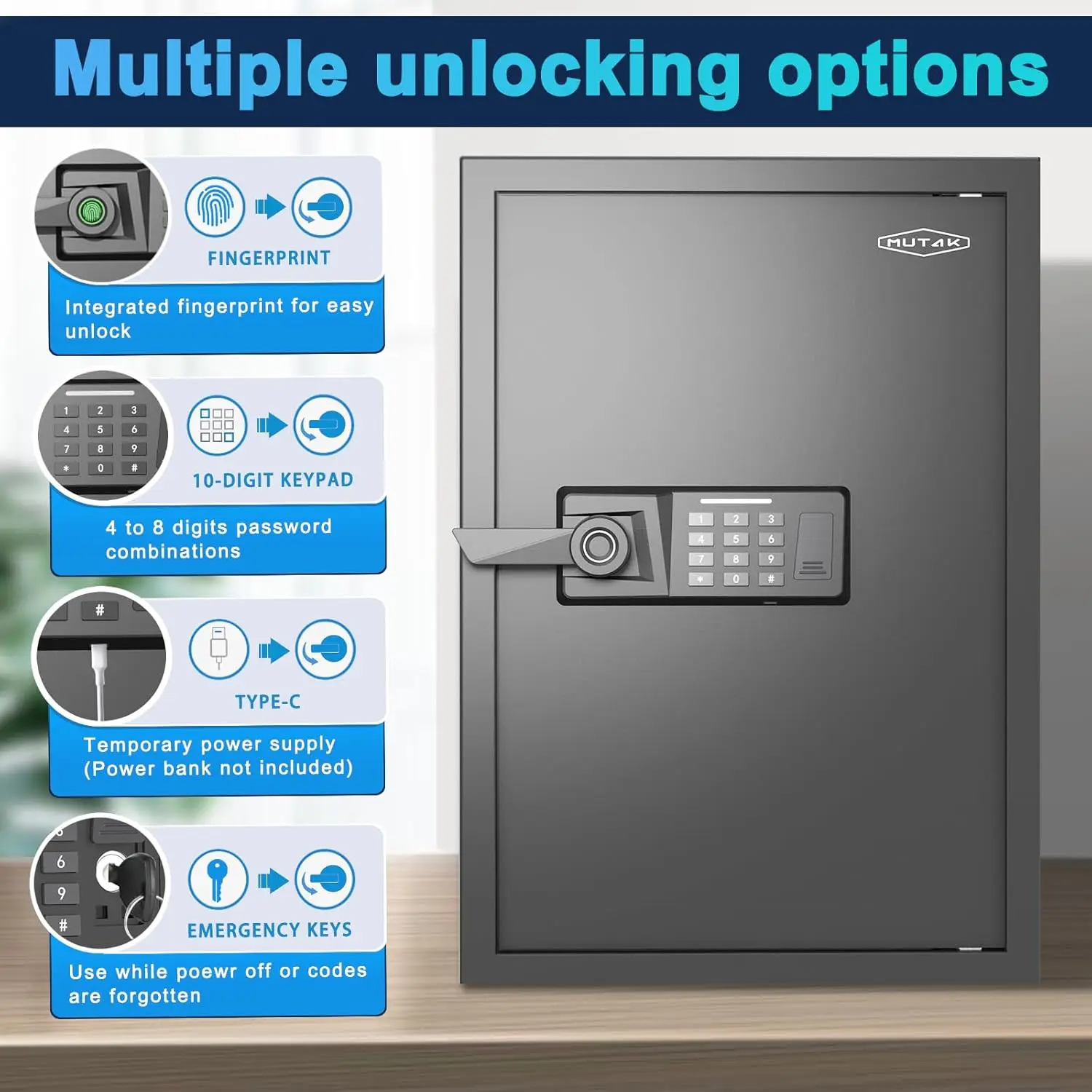 Smart Home Safe 2.0 Cub Biometric Safe Box, Quick-Access with Fingerprint Recognition Handle, Keys, Digital Keyboard, & Type-C P