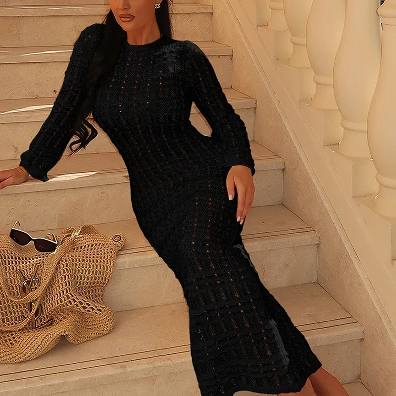 Women's Sexy Cut out Bell Sleeve Maxi Dress Summer Chic Knit Crochet Beach Outfit Elegant Swimsuit Cover up Party Chic 2025