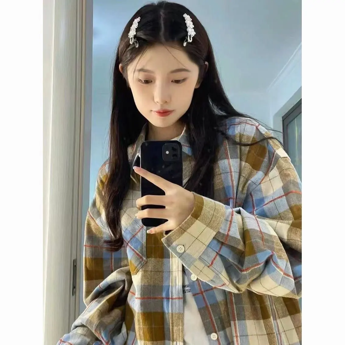 Women's Green Plaid Flannel Shirt Oversized Button Long Sleeve Shirt Harajuku Vintage Streetwear Casual Summer Sunscreen Outfits
