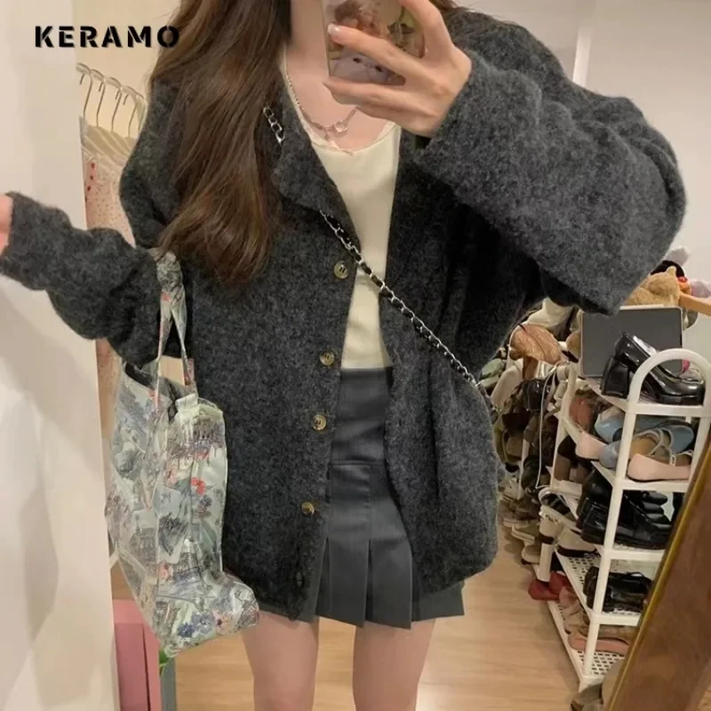 

Women Luxury Sweet Knitting Long Sleeve O-Neck Solid Cardigans 2024 Winter Korean Fashion Casual Single Breasted Elegant Sweater