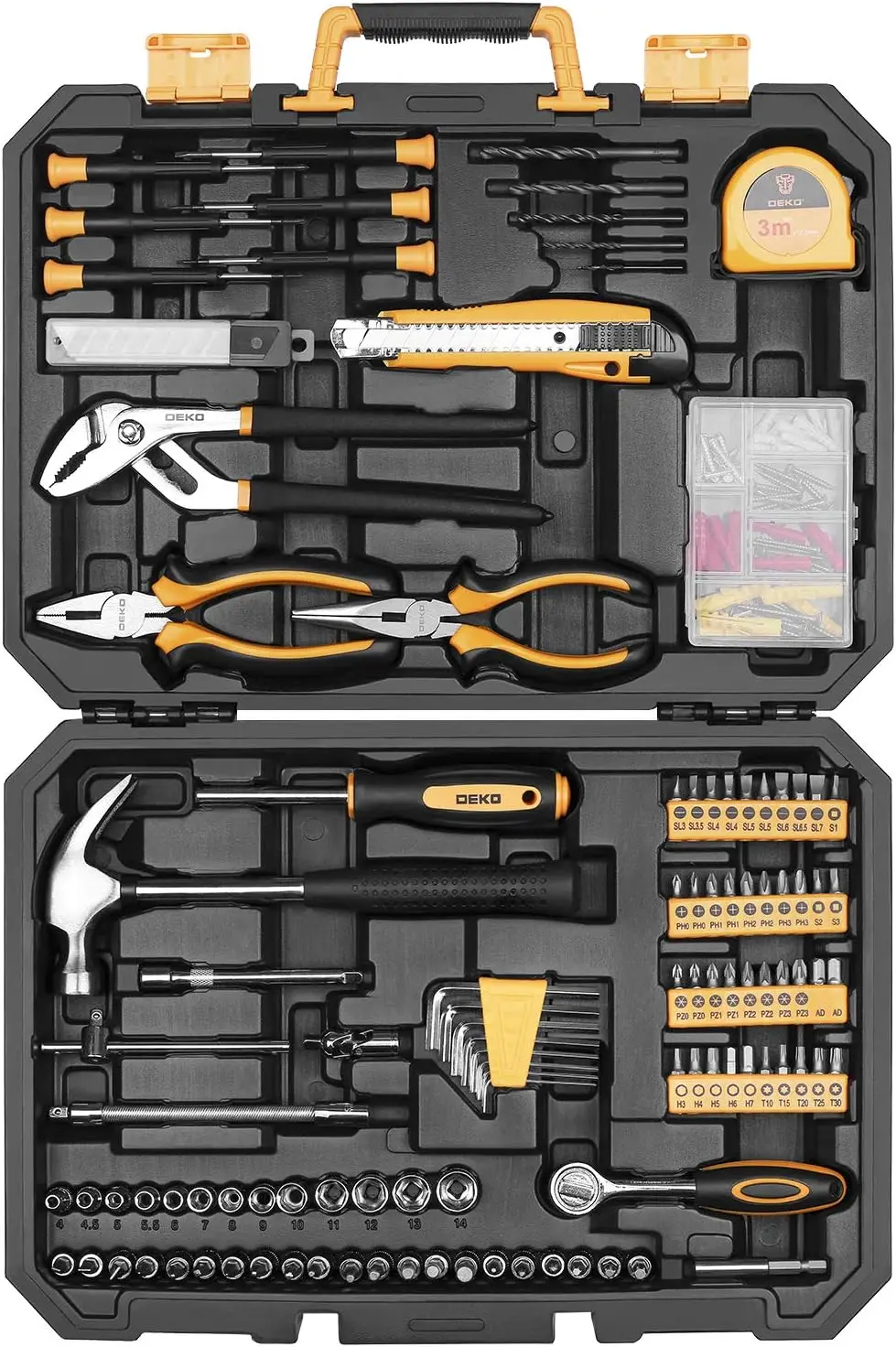 196 Piece Tool Set General Household Hand Tool Kit with Rip Claw Hammer,Lineman's Plier, Measure Tape Rule