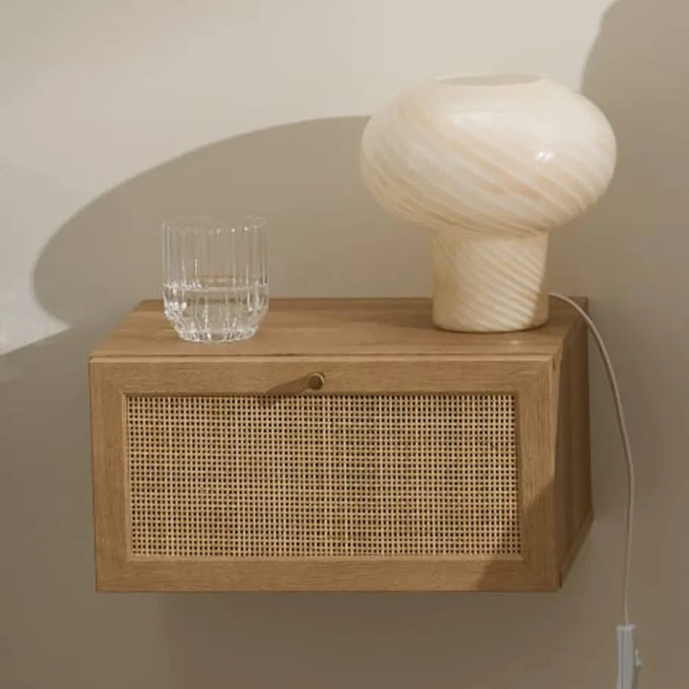 mopio Hannah Floating Nightstand, Natural Rattan Farmhouse Boho Wall Mounted Space Saving Bedside Tables, Nightstands, Drawer wi