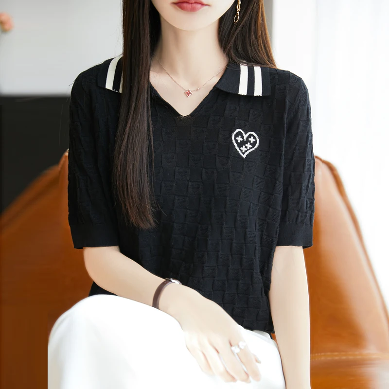 

Summer light luxury 100 Laisel short sleeved T-shirt women's new POLO collar fashionable and comfortable jacquard top