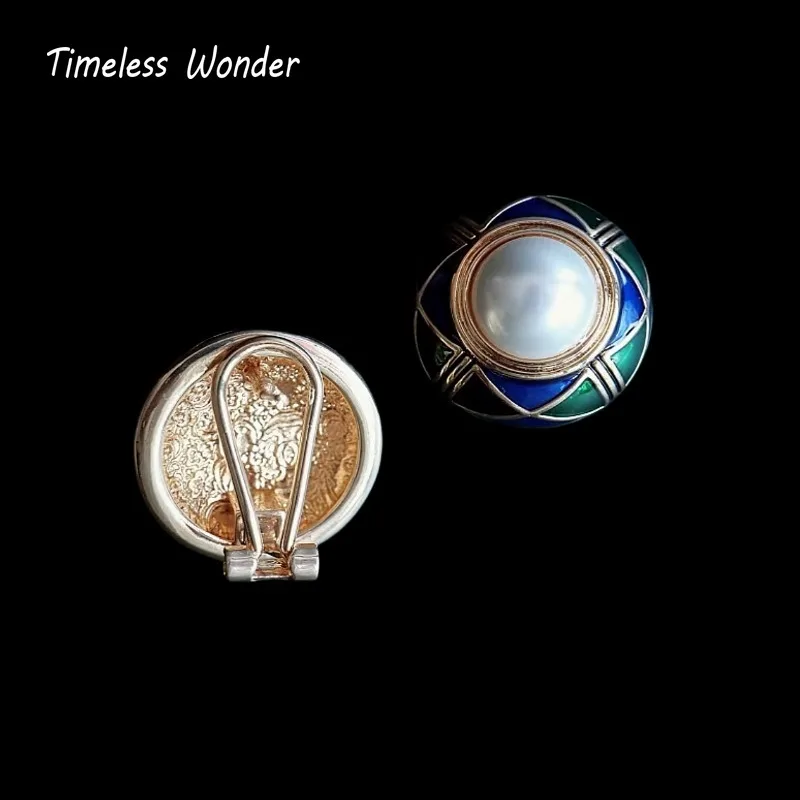 Timeless Wonder Fancy Enamel Geo Glass Pearl Button Earrings Women Designer Jewelry Sweet Gift Rare Top Classy Cute 3346