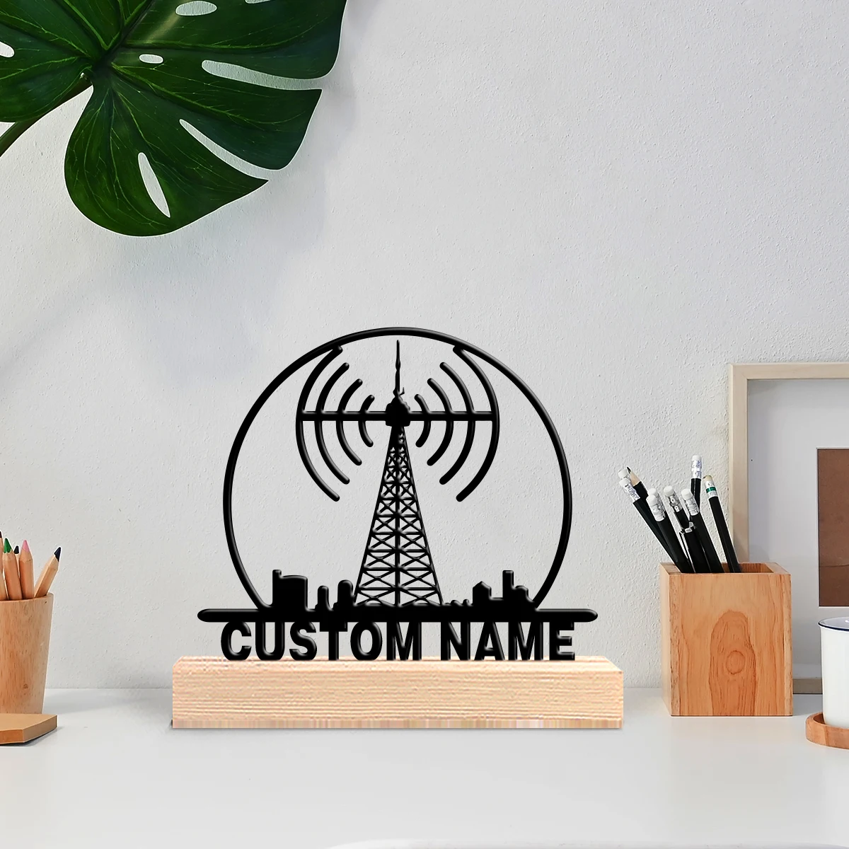 1pc Stylish Personalized Custom Transmission tower Metal Art With Wooden Base Tabletop Decoration Science Decor with Wooden Bas