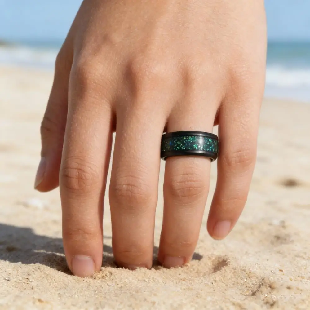Stainless Steel Rings For Men Black Color Vintage 8MM Wide Green Enamel Starry Male Engagement Wedding Bands Jewelry