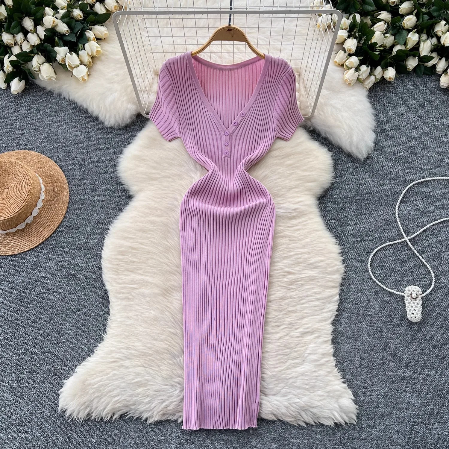 YuooMuoo Chic Fashion V-neck Brilliant Knitted Summer Dress Women Slim Elastic Sexy Package Hips Bodycon Dress Streetwear Outfit