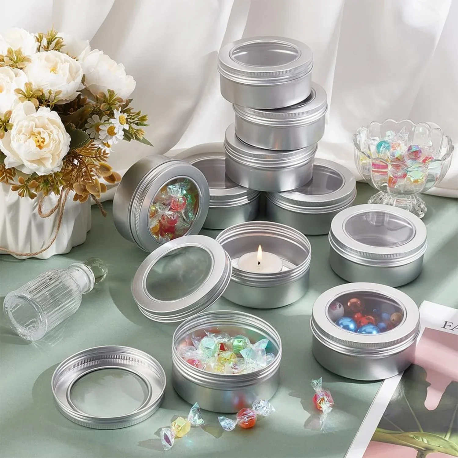 10/20PCS 60ML Round Aluminum Tins Screw Lid Containers with Clear Window Metal Empty Cans Travel Storage Jars Arts & Crafts