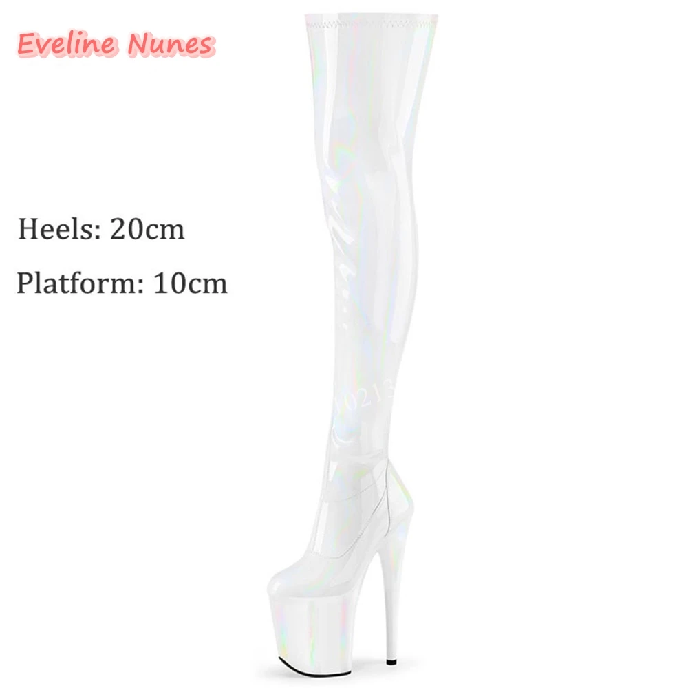 Pink Laser Over the Knee Boots Women's Super Thin High Heel 20cm Platform Solid Side Zipper Round Toe Sexy Pole Dancing Shoes