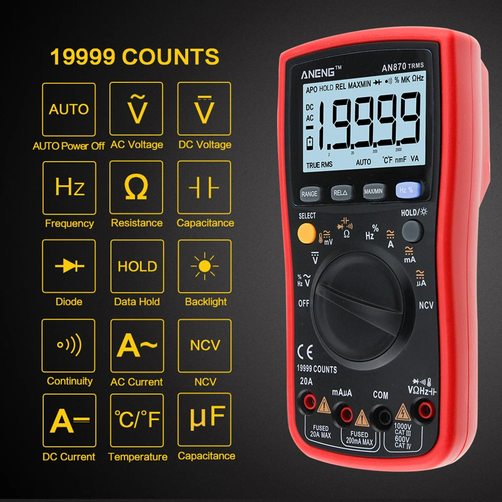 

ANENG AN870 Digital Multimeter 19999 Counts True Rms Multimeters Transistor Tester Voltimetro Profesional Capacitance Meter