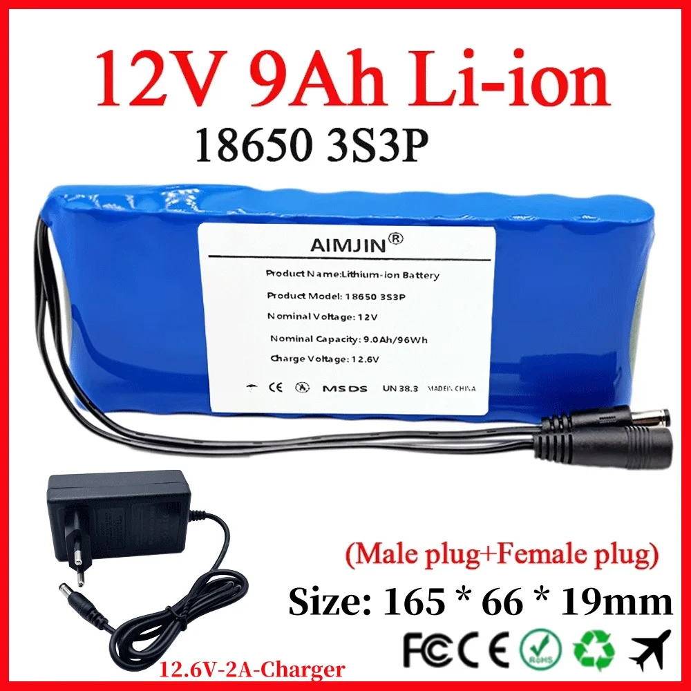 

12V 9Ah 18650 Lithium Battery Pack 3S3P 9000mAh For Camera Video Emergency Light Radio Portable UPS Li-ion Cell+12.6V 2A Charger