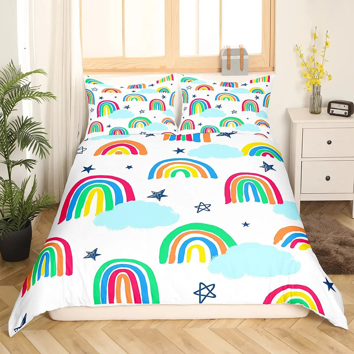 Cartoon Rainbow King Queen Duvet Cover Kids Girls Colorful Clouds Bedding Set Love Heart Comforter Cover Polyester Quilt Cover