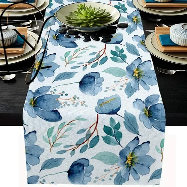 Linen Table Runner Off White Pumpkin Floral Leaf Watercolor Print Autumn Gathering Table