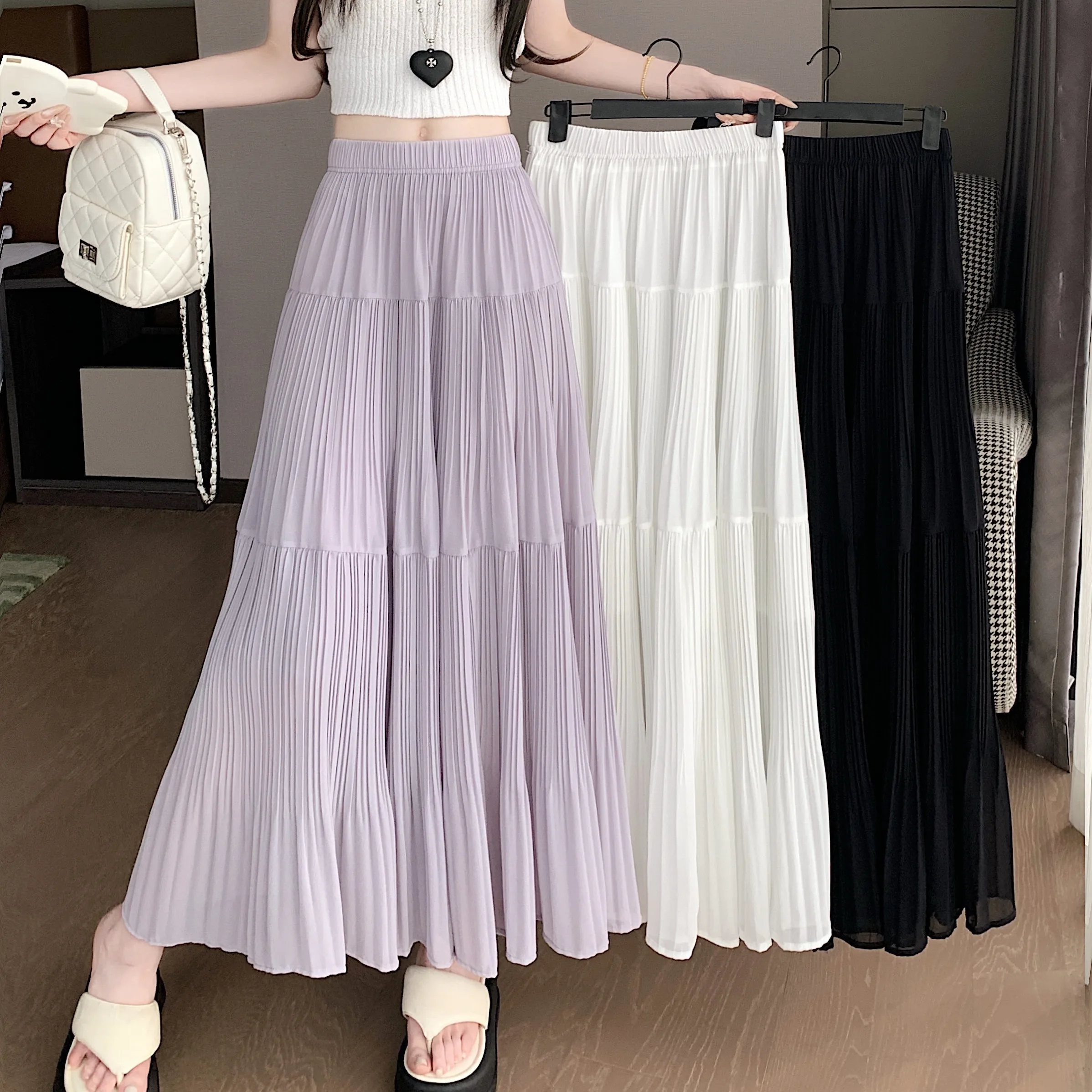

plus Size Midi Skirt Purple High Waist A-Line Cake Skirt Gentle Design Large Flounce Women's Fashion Summer Long Skirts