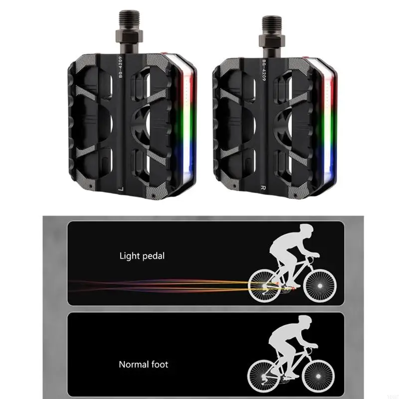 Y08C Bicycles Pedals Nonslip Wide Platform Bikes Flat Pedals 9/16Inch Thread Three Bearing 3 Bearings LED Light Bikes Pedals