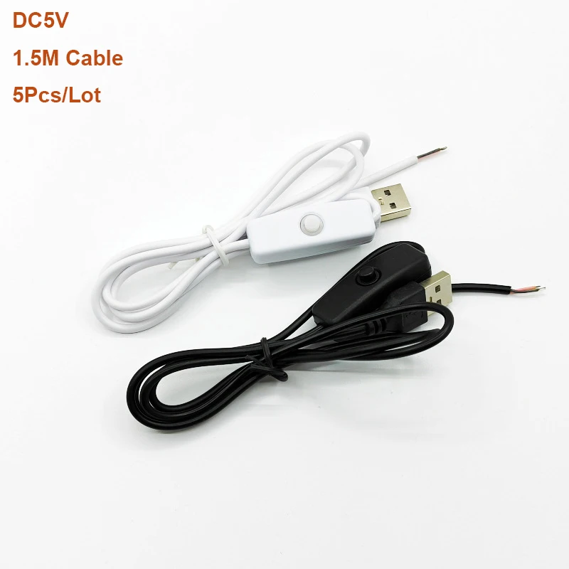 5Pcs DC5V Switch Power Supply Wire USB Male to 2 Core Connection Cable 501 Button ON OFF For LED Strip Lamp Bulb Light DIY