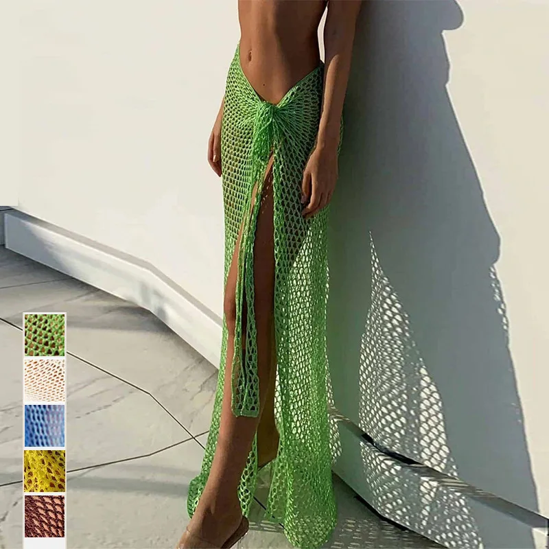 

Knitted Mesh Hollow See Through Sexy Split Beach Long Skirts 2024 Summer Strap Lace-up Floor Mopping Skirts Vacation Robe