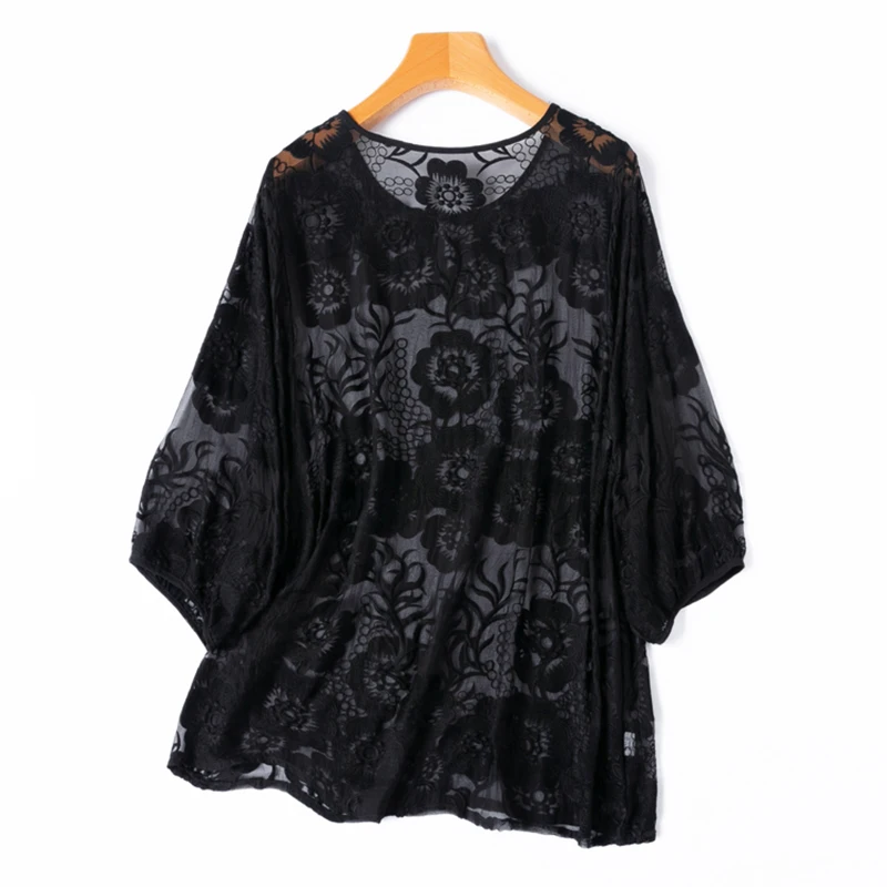 Women Silk Blouse 100% Mulberry Silk Embroidery Thin Transparent White Black O Neck 3/4 Sleeve Shirt Top Pullover L XL M1153