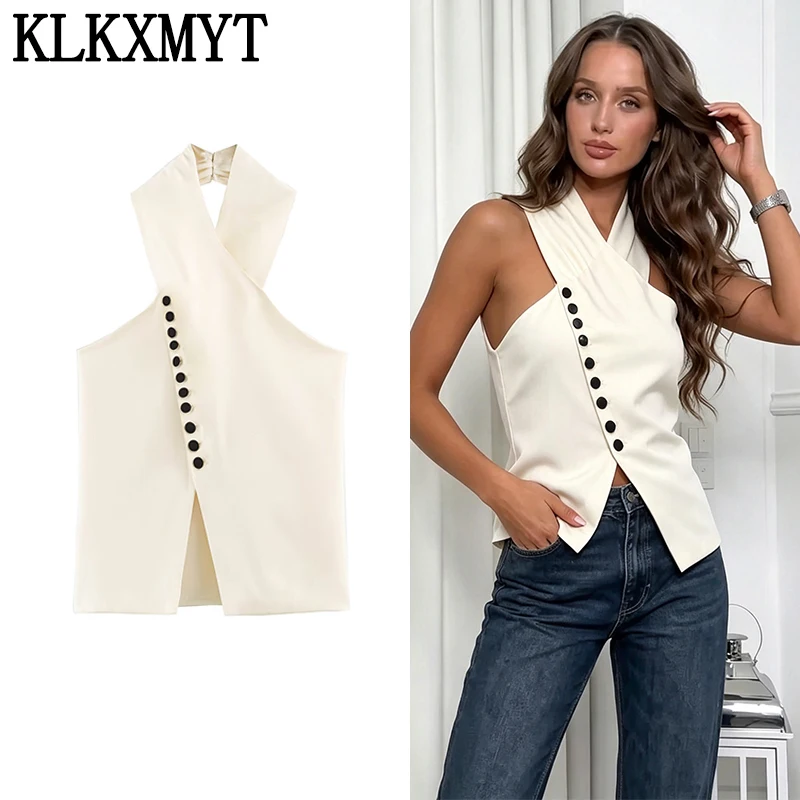 KLKXMYT Elegant Chic Halter Neck Wrap Double Breasted Top Women Straps Vest Top Fashion 2026 Summer Streetwear Slim Tank Tops