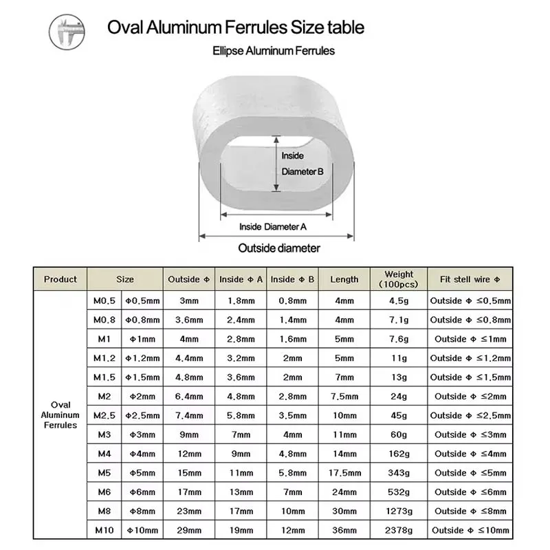 Aluminum Wire Rope Crimp Fixed Sleeve Fixing Clip Oval Wire Ferrules Cord Lock Aluminum Cable Stopper Crimp Rope Hardware