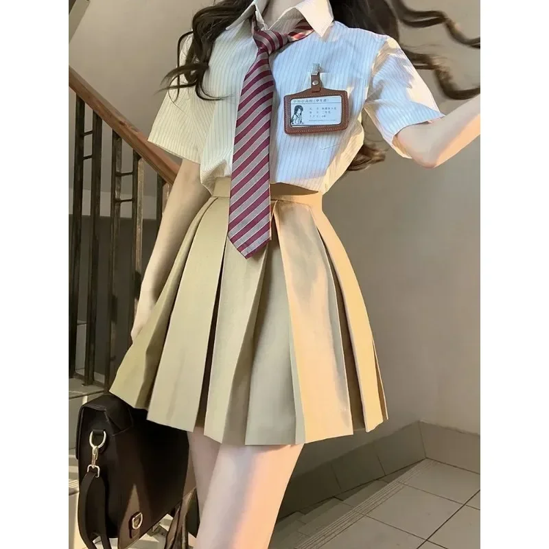 Japanese Style Striped Short Sleeved Jk Uniform Tie Women 2023 Summer Korean Chic Sailor Uniform Shirt Skirt School Clothes