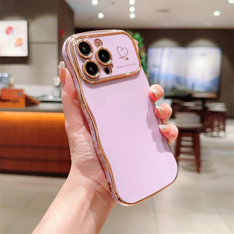 Phone Case For iPhone 16 15 14 13 12 11 Pro Max Plus Chic Cute Love Heart Camera Lens Protect Soft Shockproof Plating Wave Cover