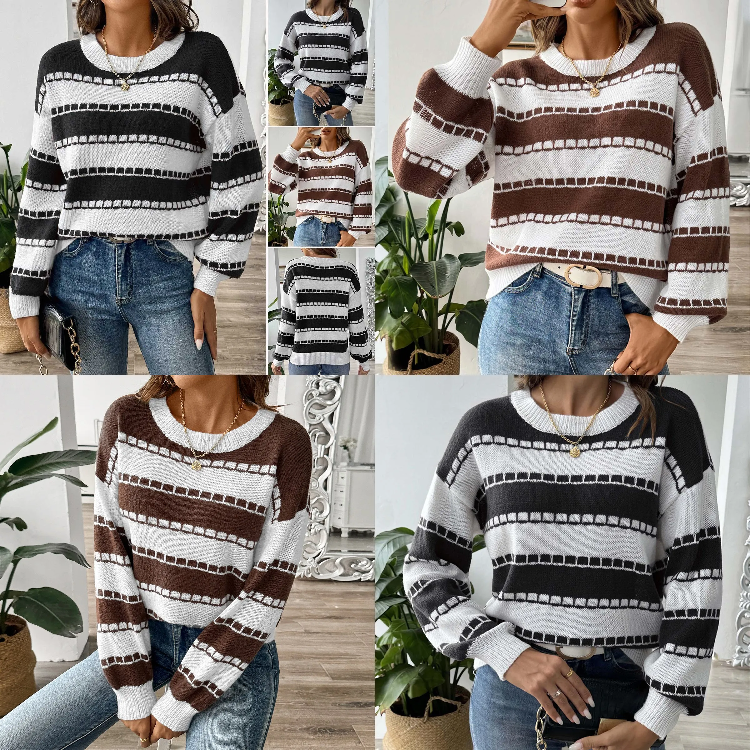 Moto Stripe Kontrast-Top, karierter Strickpullover, Pullover, T-Shirt, Bluse, Frühling, Sommer, Langarm-Tops, Strickwaren