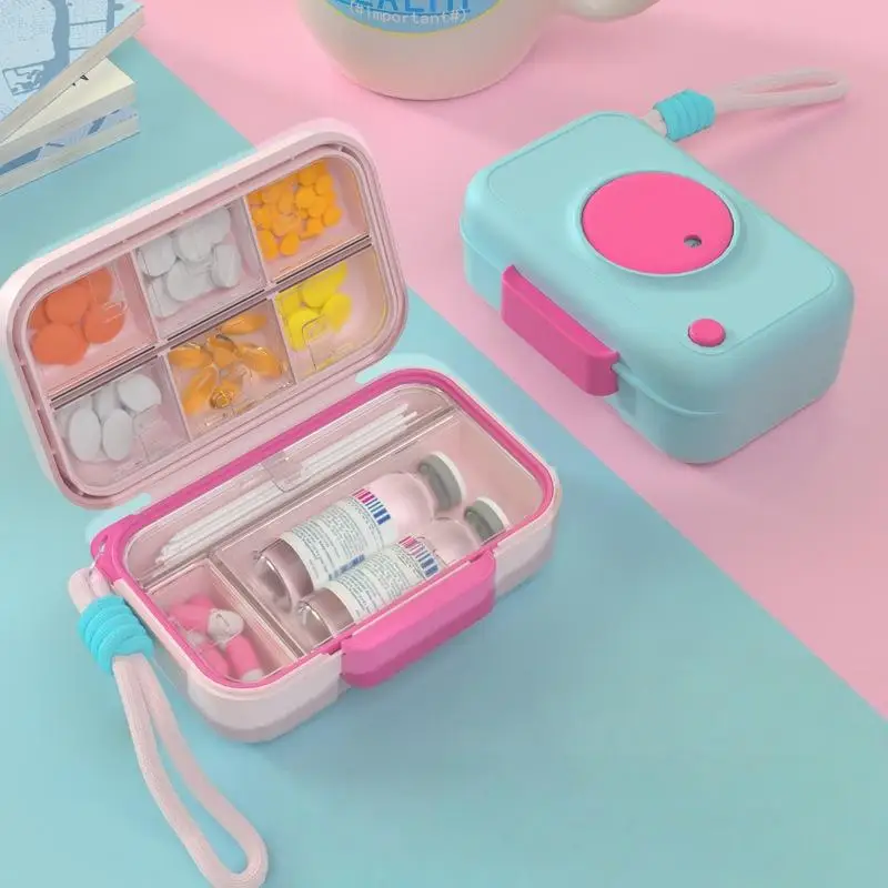 1Pcs Portable Dopaamine Camera Medicine Box Organizer Travel Essential Pill Dividers Modern Minimalist Style Color Block Pattern