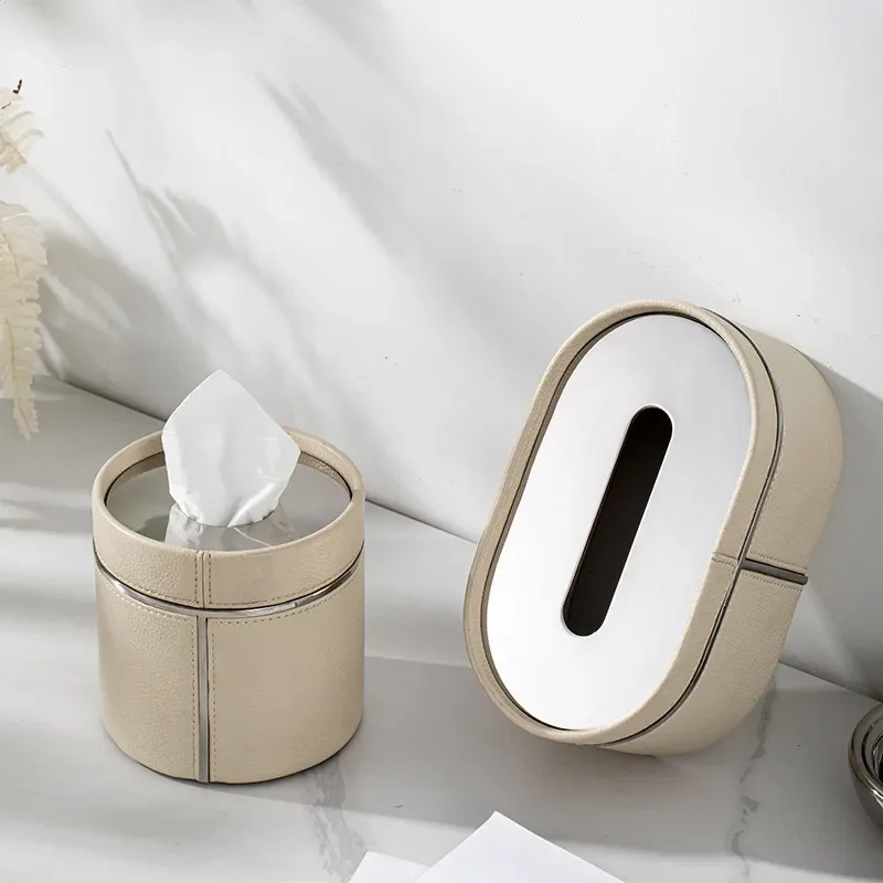 Luxury Stainless Steel Tissue Box Milk Tea Color Leather Tissue Holder with Tray Set High Grade Home Decor for Living Room