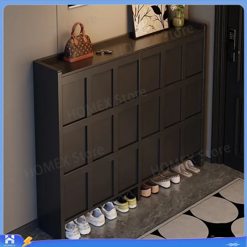Ultra Thin Shoe Cabinet 17cm Solid Wood Tipping Bucket Storage Narrow Entrance Hallway Furniture Space Saving Wall Mounted