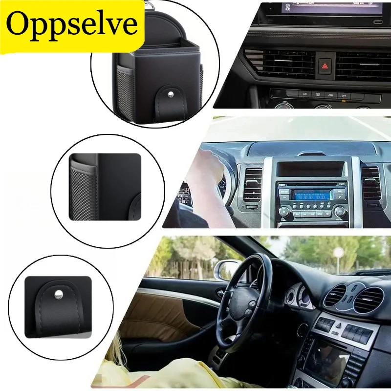 大容量カーベントオーガナイザークリップ、メガネホルダー付きハンギングPUレザーエアアウトレット、耐久性のある携帯電話ブラケット