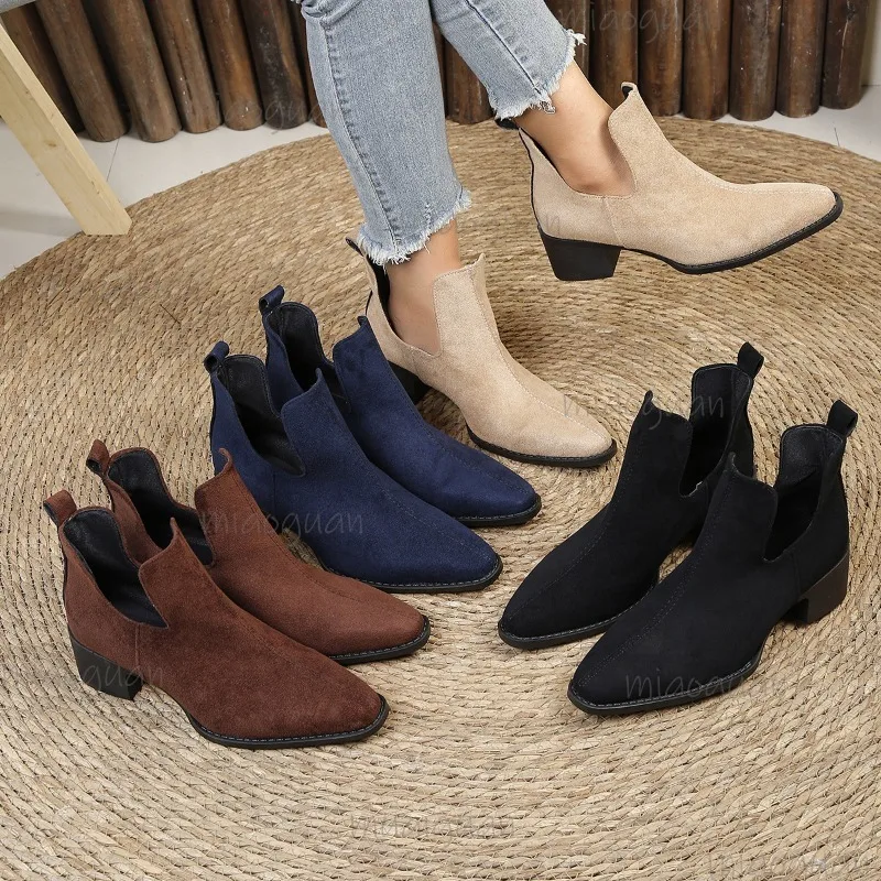 Botines Chelsea de gamuza para mujer, botines con punta en pico y tacón de bloque, botines sin cordones con abertura lateral, moda informal para mujer, Bota Ботильоны Женские