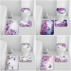 Purple Flowers Bath Mat Set Wisteria Butterly Roses Plants Floral Home Carpet Bathroom Decor Non-slip Bath Rug Toilet Lid Cover