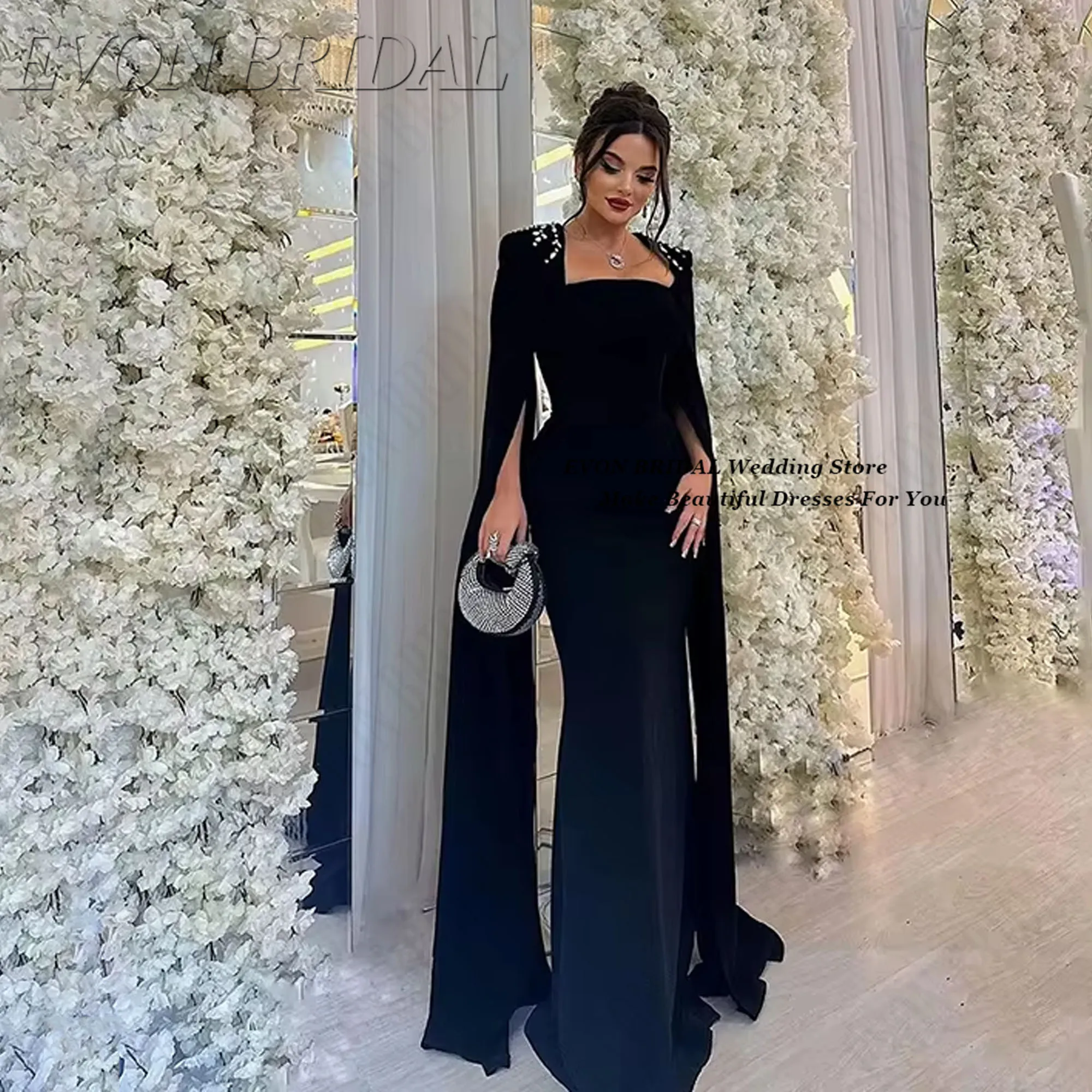 

Черные вечерние платья по индивидуальному заказу с квадратным вырезом и короткими рукавами Crystal Dubai Arabic Party Gowns EVON BRIDAL فستان سهرة 저سا