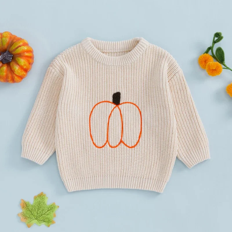 Toddler Halloween Sweater For Baby Boy Girl Knitwear Children Cotton Pumpkin Embroidery Long Sleeve Pullover Knitted Clothing