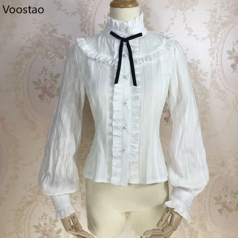 

Японские викторианские винтажные рубашки в стиле Лолиты, женские элегантные блузки с рукавами-фонариками, топы Y2k, эстетические повседневные рубашки JK Blusas Mujer De Moda