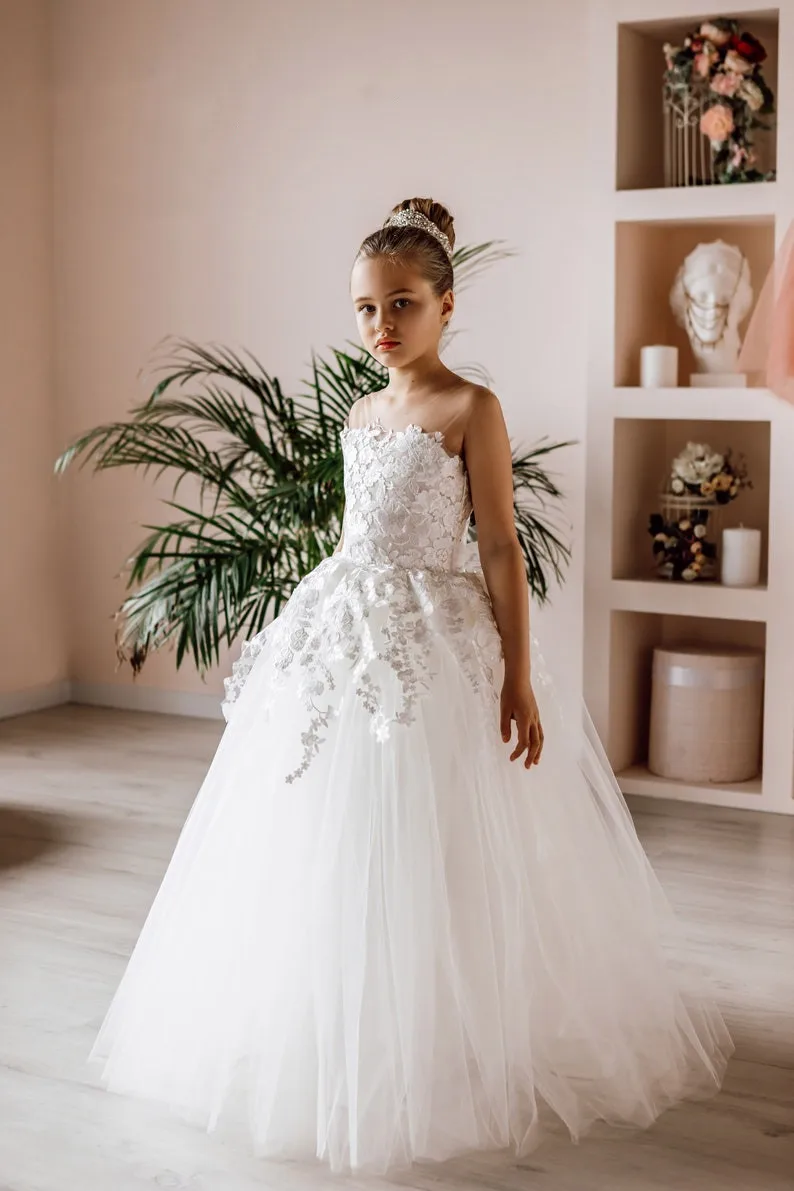 

Tutu Flower Girl Dress For Wedding Girls 2023 Tulle Ivory White Lace Sleeveless First Communion Girl Dress Robe