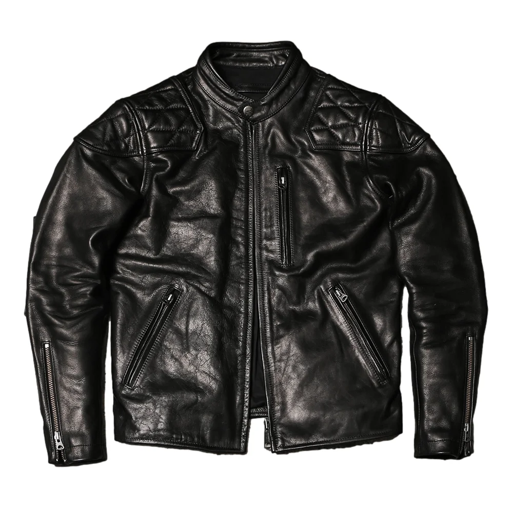 Black Autumn Leather Jacket Men Stand Collar Plus Size 5XL Natural Thick Cowhide Slim Fit Short Genuine Leather Coat