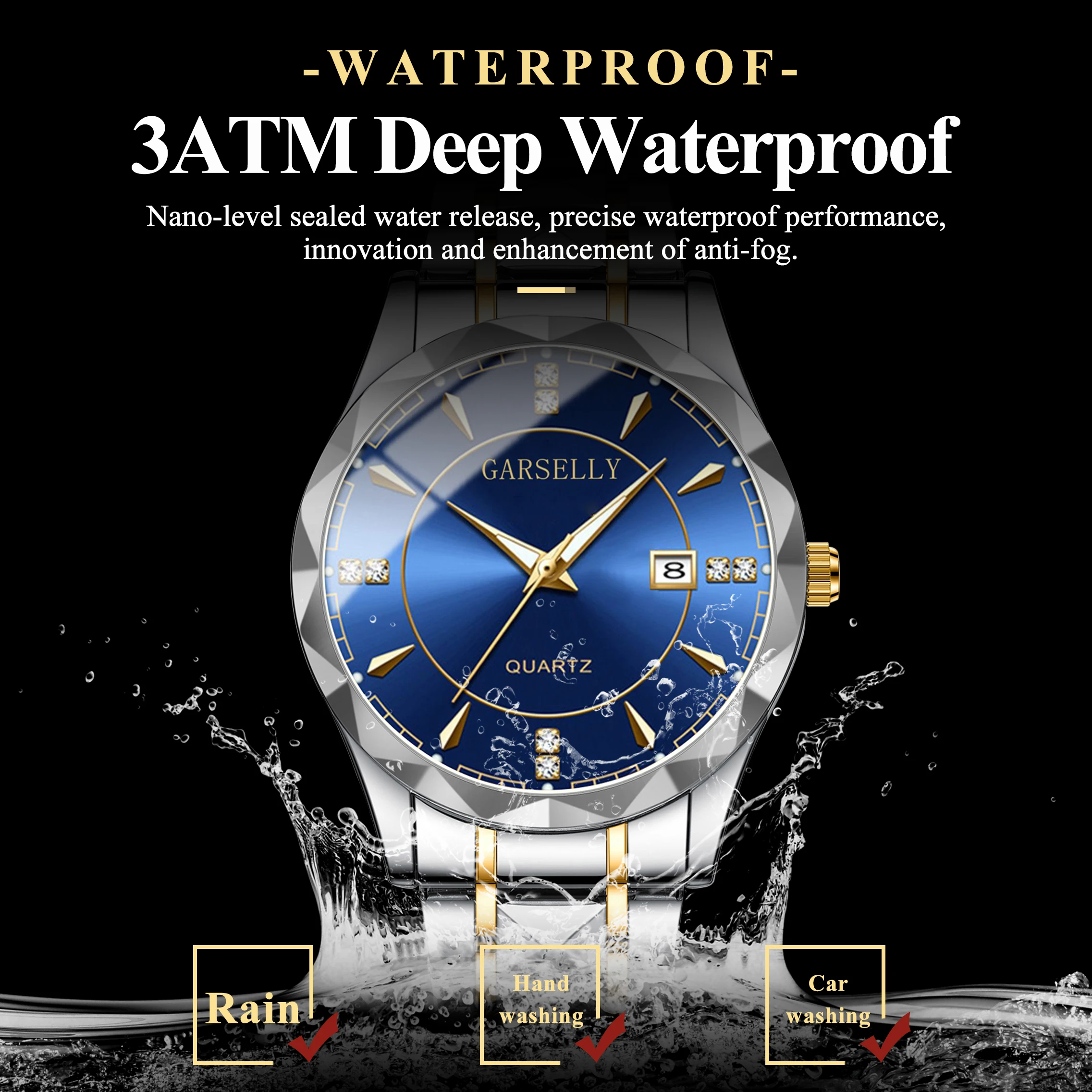 가셀리 비즈니스 고급 남성용 손목시계 날짜 요일 방수 야광 남성 시계 스테인리스 스틸 패션 쿼츠 시계