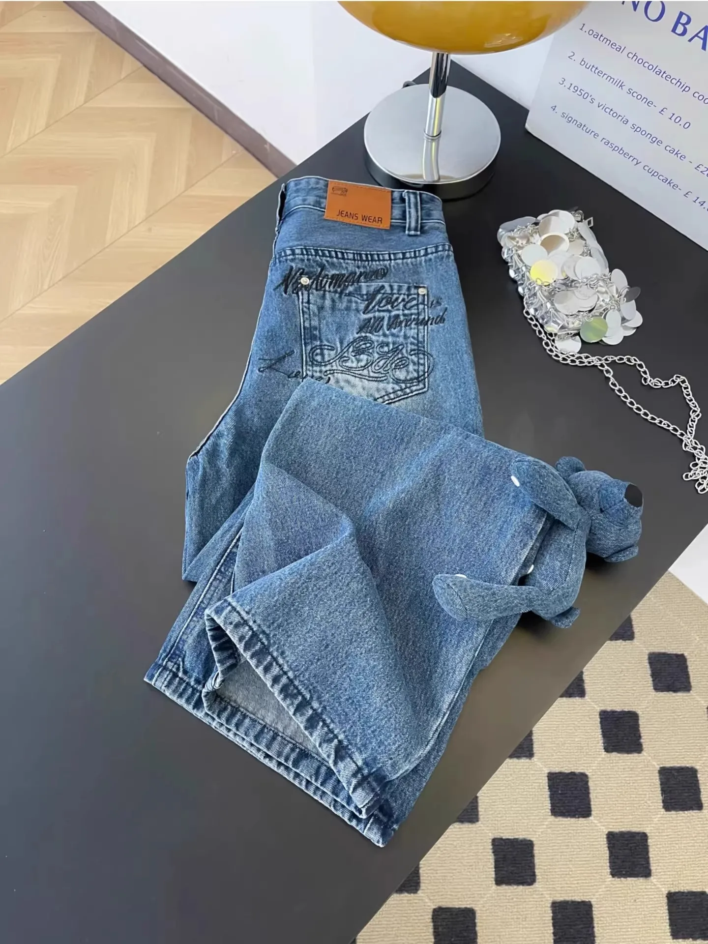 

Retro Waed Embroidered Denim Jeans High Waist Loose Wide Leg Pants Design Slimming Floor-Length Trousers for Women