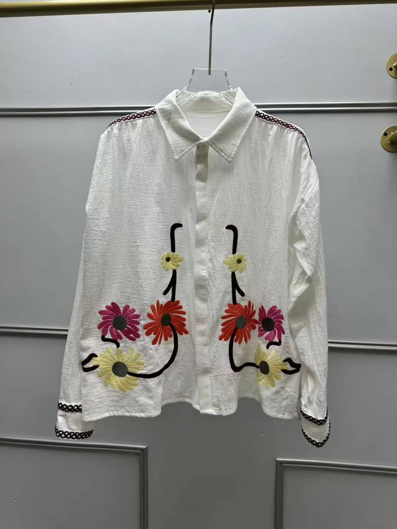 

Ele Summer New Loose Fit Long Sve irt Floral Embroidery Collar Casual Versatile Top for Women Commute Sle