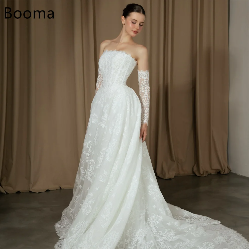 Booma A-Line senza spalline in pizzo principessa abiti da sposa lunghi applicazioni in pizzo senza maniche abito da sposa su misura 2025